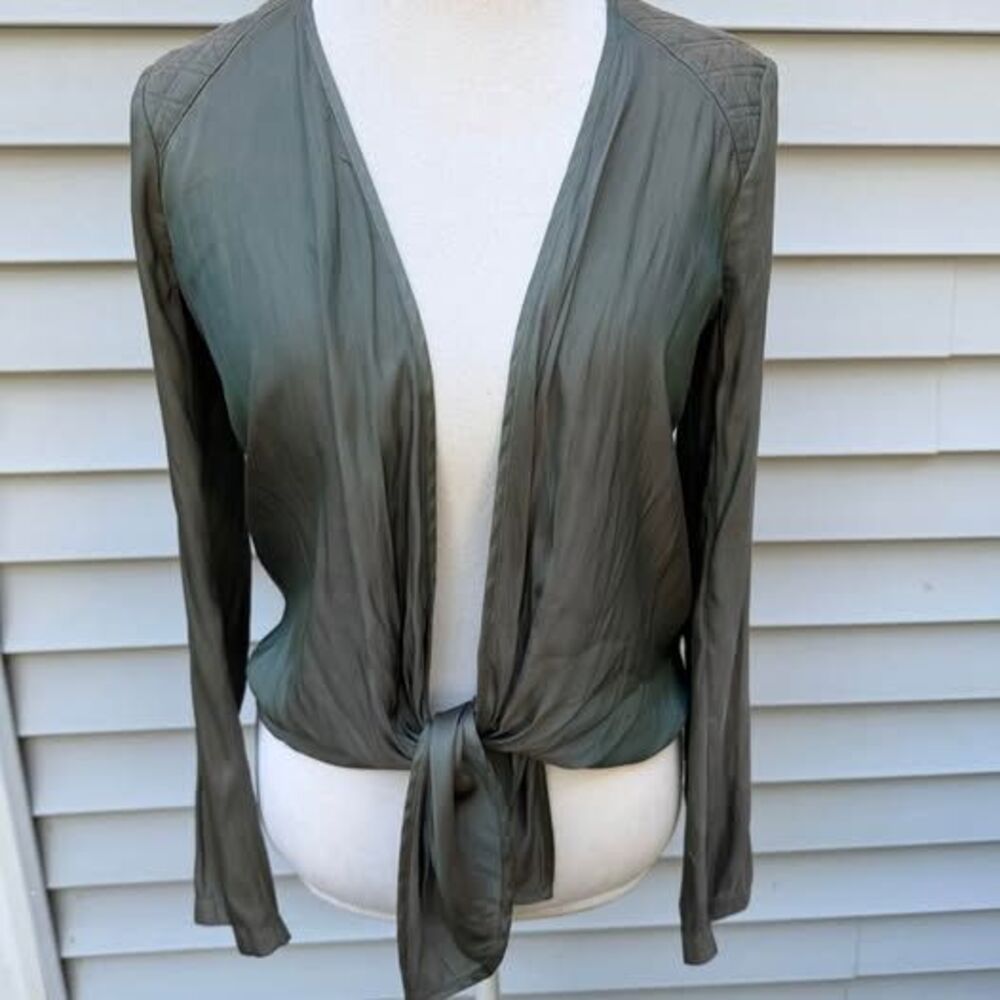 Bebe Y2K Iridescent Olive Green Sheer Tie-Front Top Jacket Quilted Shoulders S
